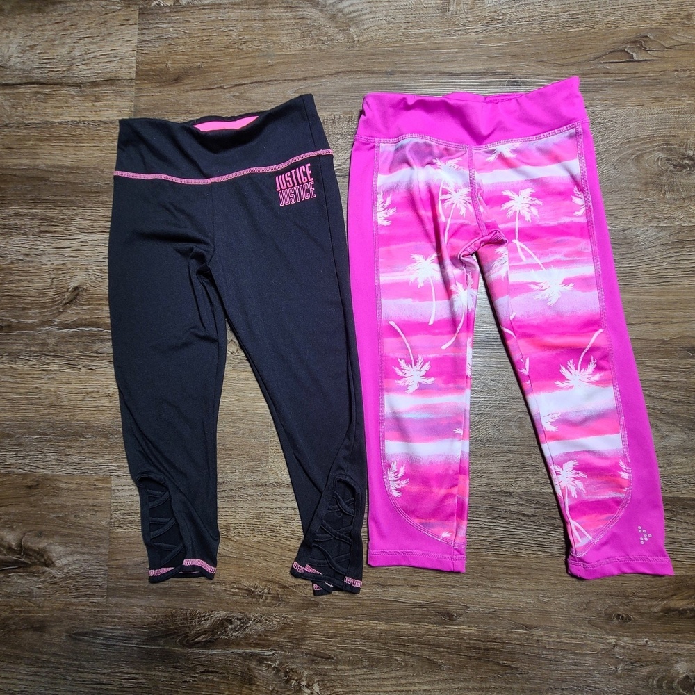 2 Girls Active Leggings Size 8 Justice & Gymgo Pink Palm Criss-Cross Lot‎